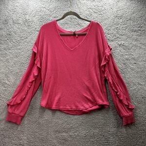 Pilcro XL Pink Waffle Knit Long Sleeve Ruffle V-Neck Shirt Frilly Girly Casual